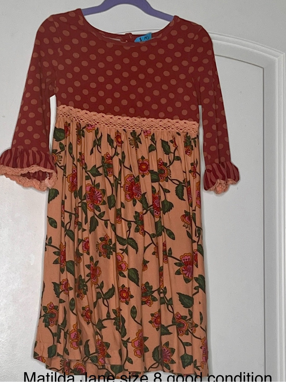 Matilda Jane Rust Polka Dot & Peach Floral Girls Dress Size 8